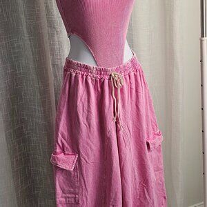 Women's Sweatpants Loose Sleeveless High Cut Bodysuit Set Acid Pink Size L NEW